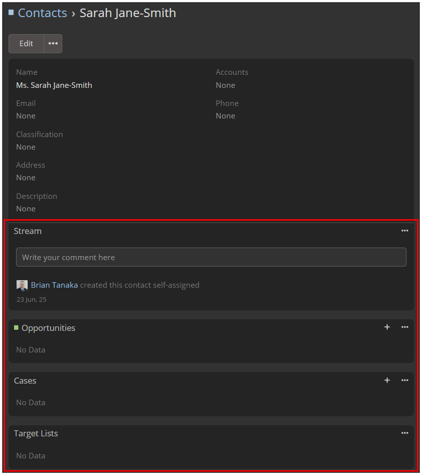 Contact Detail Bottom Panels View Metadata Example - Dark
