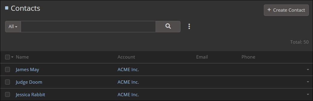 Contact List View Metadata Example - Dark
