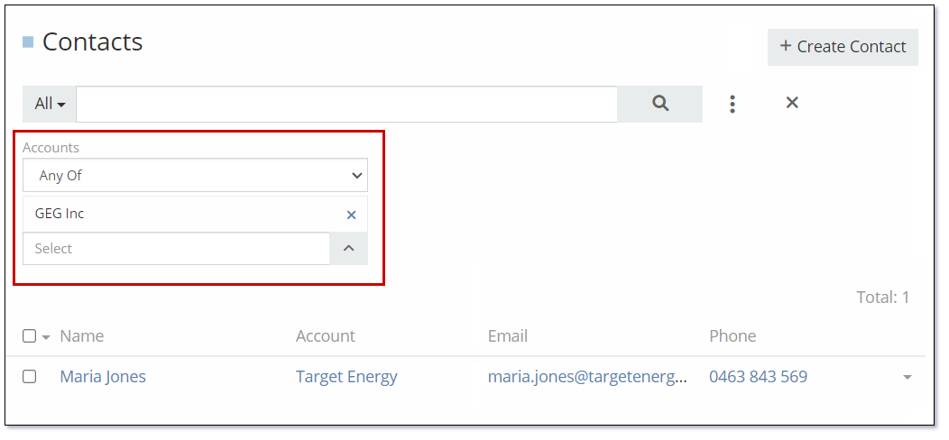 Contact List View Filter Account